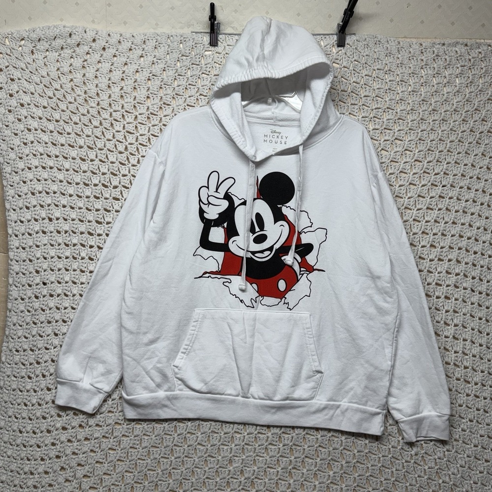 Disney Mickey Mouse Hoodie Womens 3XL White Peace Graphic Pullover Sweatshirt